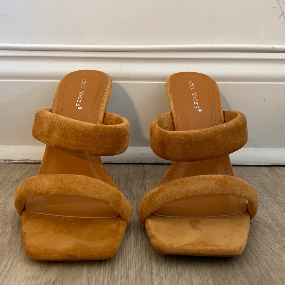 IDEAL SHOES brown suede two strap heeled mule.